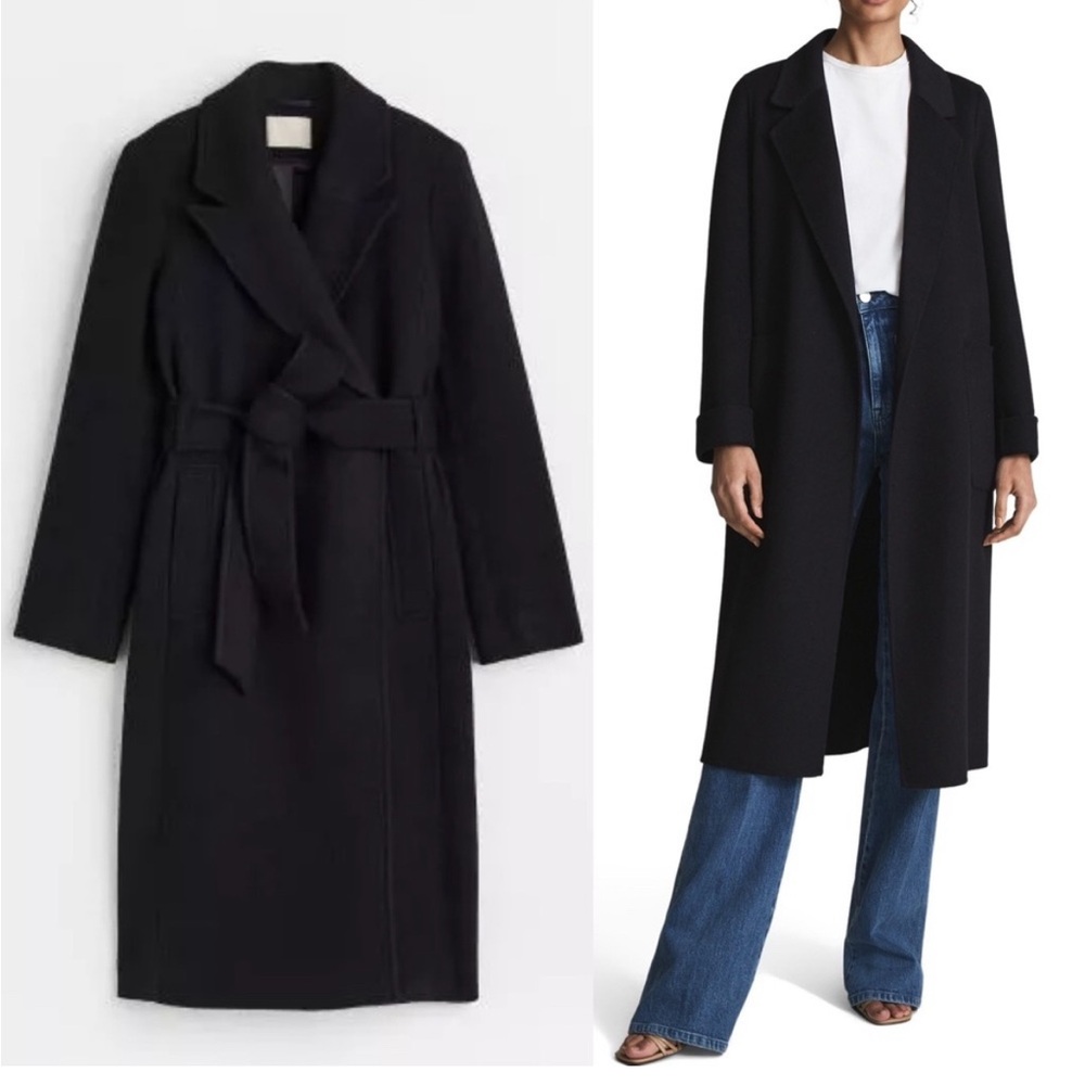 REISS Elise Coat Belted Long Dark Navy Wool Blend Longline size 6